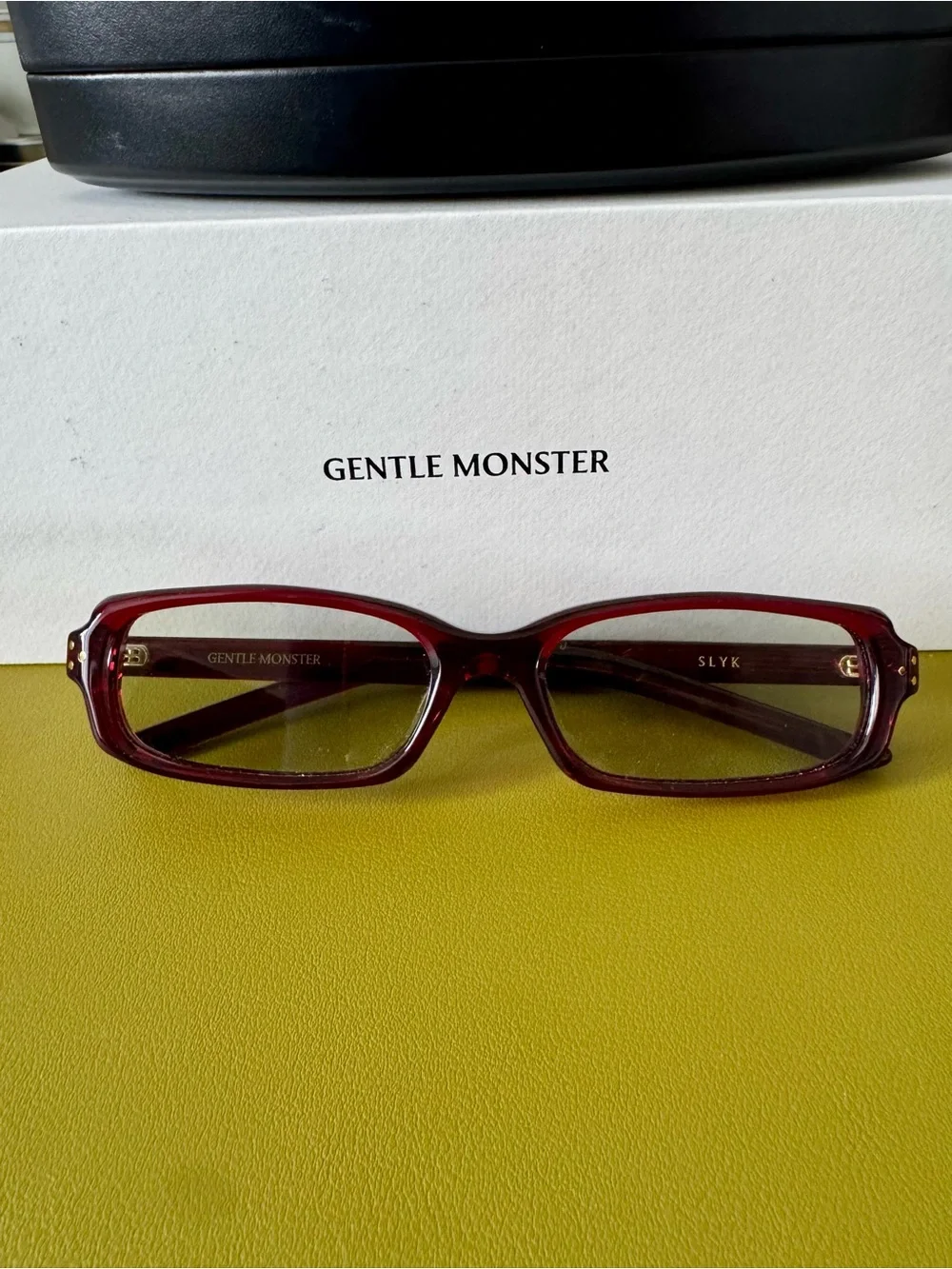 GENTLE MONSTER Burgundy Rectangular Sunglasses with Gold Accents